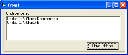 vista del formulario para enumerar y listar las unidades de red del sistema