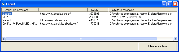 vista del control ListView con los datos