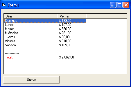 vista del formulario con el Listview mostrando el total de la suma de items de la columna