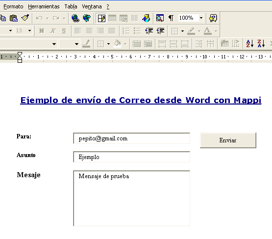 vista del documento de word con los controles para enviar el mail