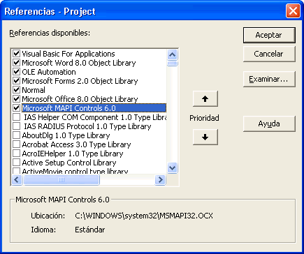 Vista de la ventana de Referencias del editor de visual basic para word que permite incluir el ocx Mappi