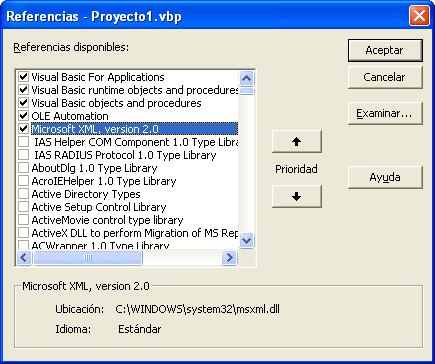 vista de la ventana de referencias de visual basic para incluir la dll Microsoft xml version 2