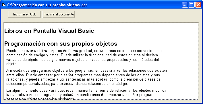 vista del contenedor OLe y el documento cargado