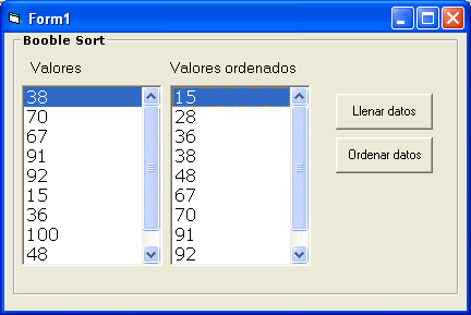 vista previa del formulario con el ejemplo en vb para usar el metodo de bubble sort