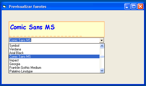 vista del formulario con el control combo con las fuentes y la vista de la misma en el control picture