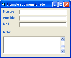 vista del formulario de ejemplo para redimensionar los controles