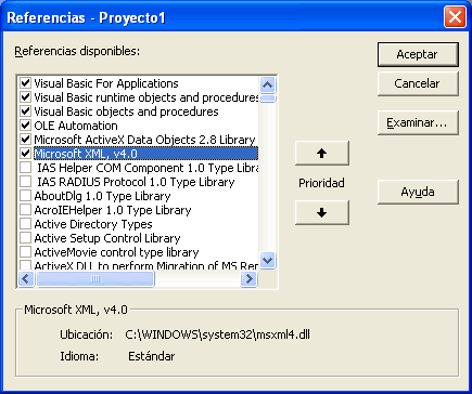 Vista de la ventana de referencias de visual basic para incluir Microsoft XML y la referencia ADO