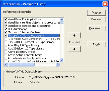 vista previa de la ventana de referencia de vb para añadir Html object library al proyecto