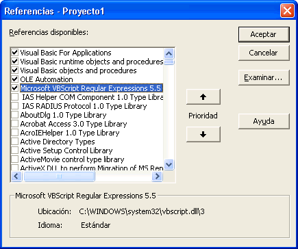 ventana de referencia de visual basic para agregar la biblioteca dll Microsoft vbscript