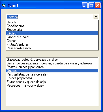 vista del formulario con los controles datalist y datacombo con los registros cargados