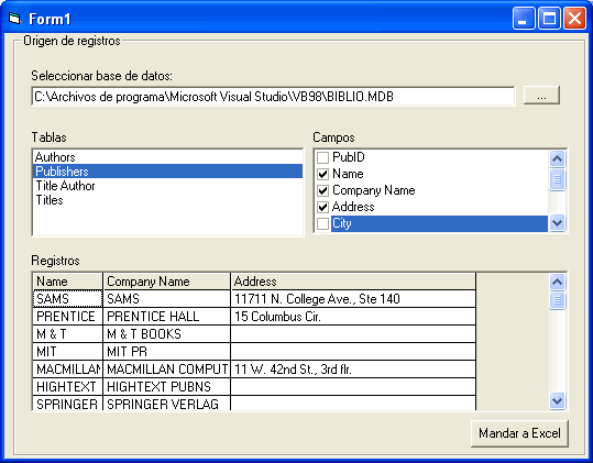 vista del formulario con los campos para exportar los registros al archivo xls