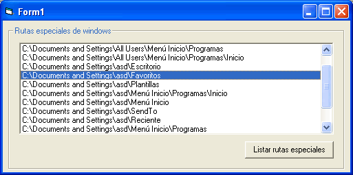 vista del formulario de ejemplo para listar las rutas de windows