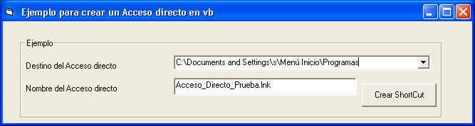 Vista del ejemplo en visual basic que usa Windows Scripting host para crear ShortCuts