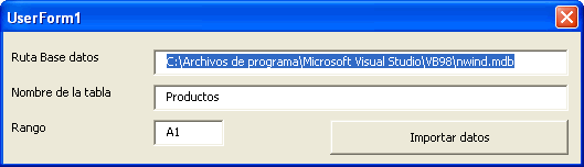 vista del formulario de vba para importar los datos desde Access