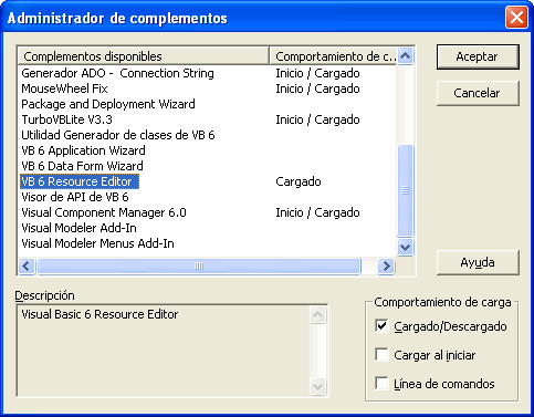 vista de la ventana de complementos de visual basic para cargar el editor de recursos