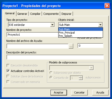 vista de la ventana de proyecto de visual basic para arrancar desde un Sub Main
