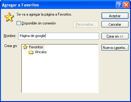 ventana de favoritos de windows