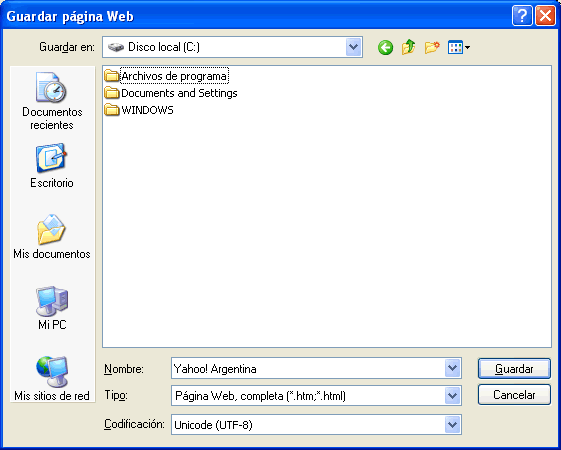 vista del cuadro de diálogo para guardar la pagina web