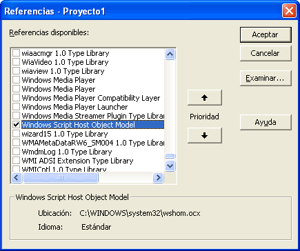 vista de la ventana de referencias de visual basic para poder incluir al proyecto WSH