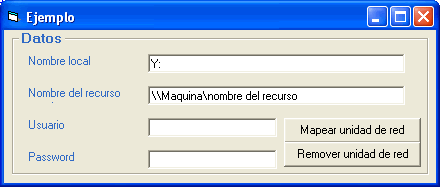 Vista del formulario para mapear y remover unidades de red