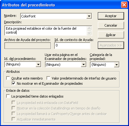 vista de la Ventana de Atributos de procedimiento de los controles ocx