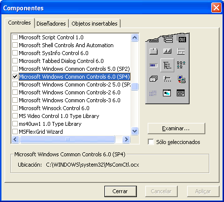 vista de la ventana de componentes de Visual basic
