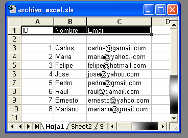 vista de la hoja con los datos en cada columna