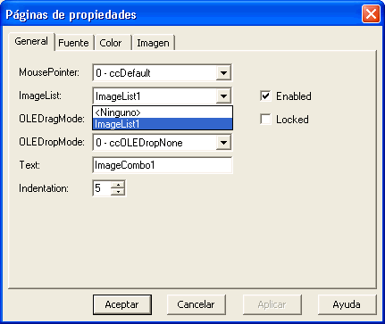 Vista previa de la página de propiedades del control ImageCombo de visual Basic