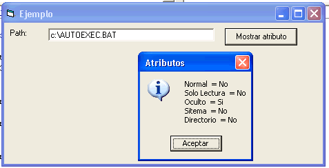 vista del msgbox mostrando los atributos de un fichero