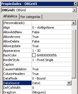vista de la ventana de propiedades de visual basic para especificarle las propiedades al control DbGrid