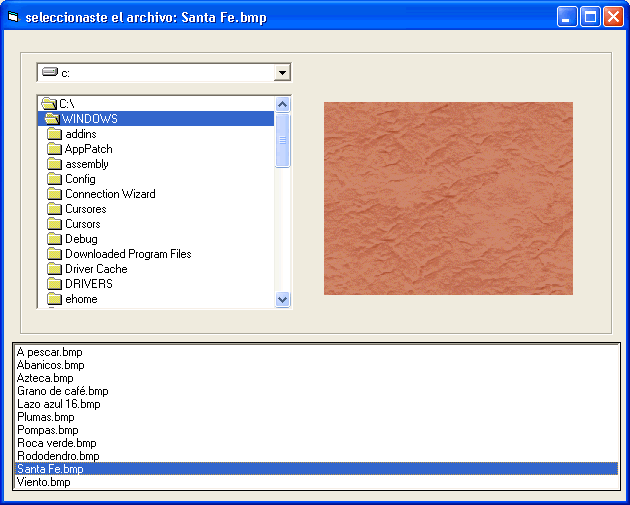Vista previa del ejemplo para utilizar en conjunto los controles Filelistbox, DriveListBox y DirListBox