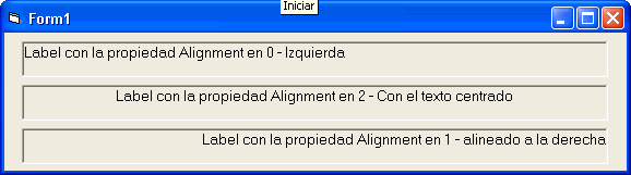 Vista previa de un label con la propiedad Alignment con sus 3 valores posibles