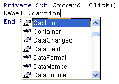 Lista de propiedades, métodos y eventos de un control u objeto de Visual Basic