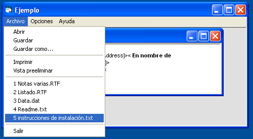 vista del menú del formulario Mdi mostrando la lista de archivos abiertos recientemente por la aplicación