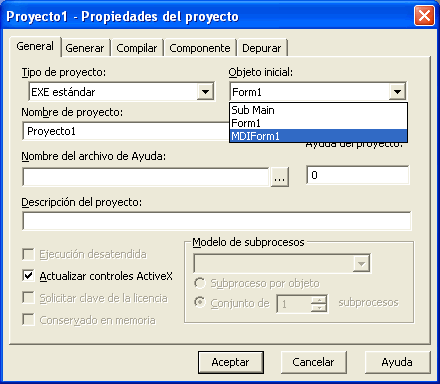 vista de la ventana de visual basic ( Propiedades de proyecto) para establecer el objeto inicial que arrancará al iniciar la aplicación