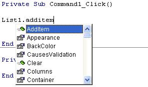 Vista previa de la lista de propieades y métodos del control ListBox