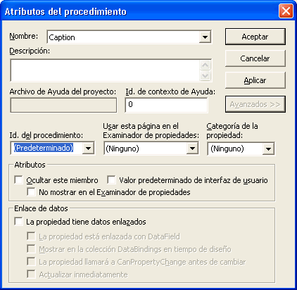 vista de la ventana de atributos de procedimiento
