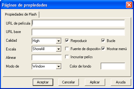 Vista previa de la página de propiedades del control shockWave flash para configurar las principales propiedades