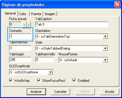 vista de la ventana página de propiedades del Microsoft Tabbed dialog control
