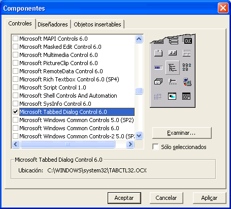 vista de la ventana de componentes para agregar el control Sstab al iniciar un nuevo proyecto