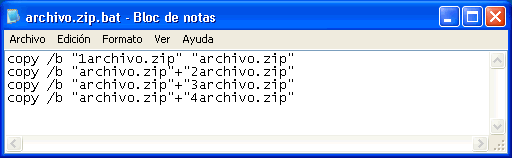 Vista previa del archivo bat que se genra para poder volver a recuperar el archivo cortado