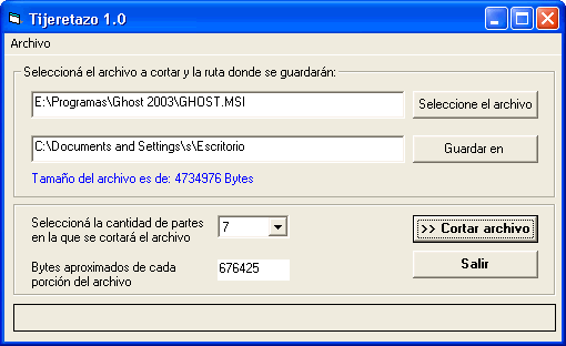 Vista previa del programa para particionar y cortar archivos en Visual Basic