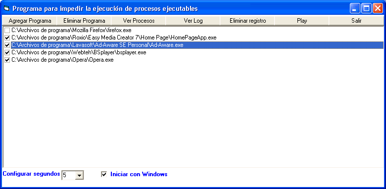 vista previa del formulario para agregar la lista de ejecutables que se cerrarán con wmi