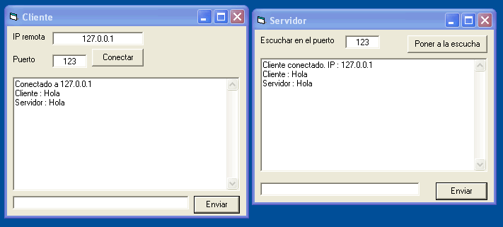 ista previa de los formularios para el chat, el cliente y el servidor
