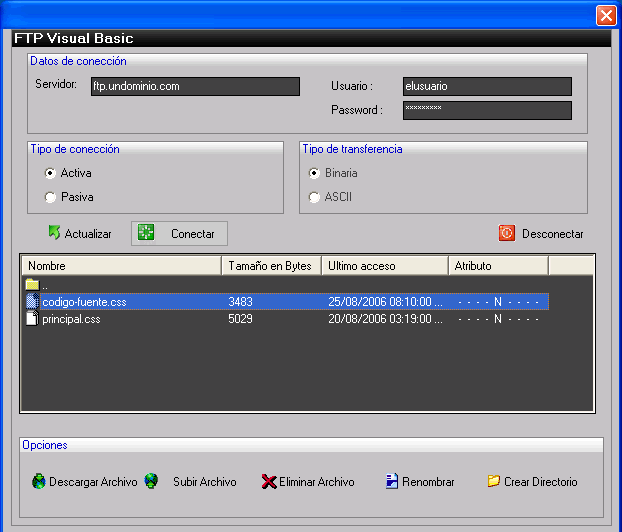 vista del ejemplo del ciente ftp hecho en visual basic