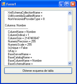 vista previa del proyecto de ejemplo para obtener el esquema y estructura de una tabla de una bd SQL