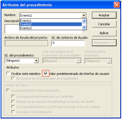 vista de la ventana de atributos del procedimiento de los usarcontrol